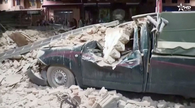 View of a damaged car and debris from the earthquake in Marrakech, Morocco September 9, 2023 in this screen grab taken from a video.  Al Oula TV/Handout via REUTERS    THIS IMAGE HAS BEEN SUPPLIED BY A THIRD PARTY.  NO RESALES. NO ARCHIVES. MANDATORY CREDIT. MOROCCO OUT. NO COMMERCIAL OR EDITORIAL SALES IN MOROCCO